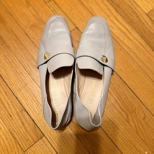Stuart Weitzman Light Gray Leather Loafers with Gold Accent
